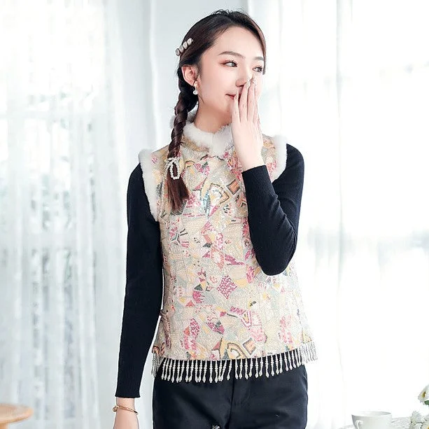 Copy of Fur Collar & Cuff Chinese Style Thick Waistcoat Vest with Tassels Polished Women's Silk Copy of Fur Collar & Cuff Chinese Style Thick Waistcoat Vest with Tassels Polished Women's Silk