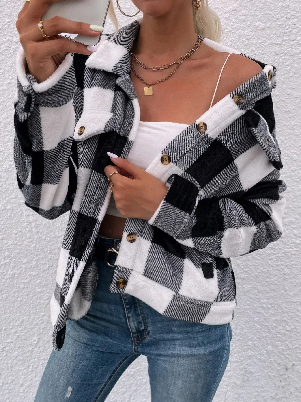 Casual Gingham Button Front Long Sleeve Collar Regular Women Jacket Cozy Women's Sherpa - lined