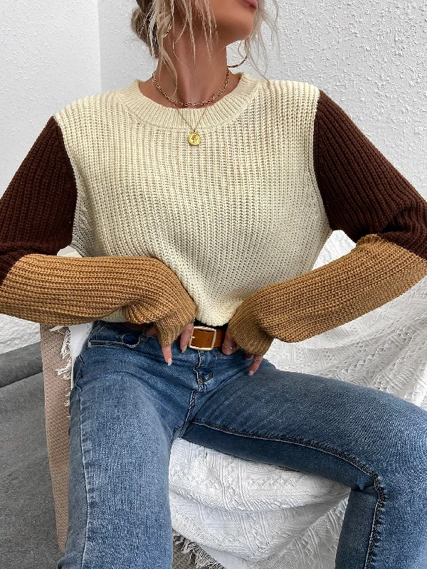 Casual Colorblock High Low Long Sleeve Round Neck Regular Women Sweater Refined Women's Hand - crafted Casual Colorblock High Low Long Sleeve Round Neck Regular Women Sweater Refined Women's Hand - crafted