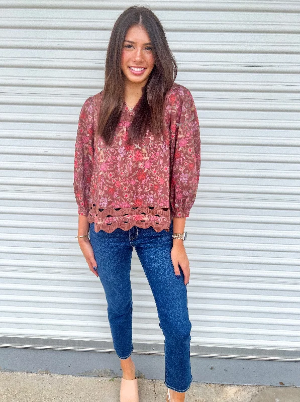 CAUGHT IN A DAYDREAM BROWN FLORAL TOP Cozy Women's Winter