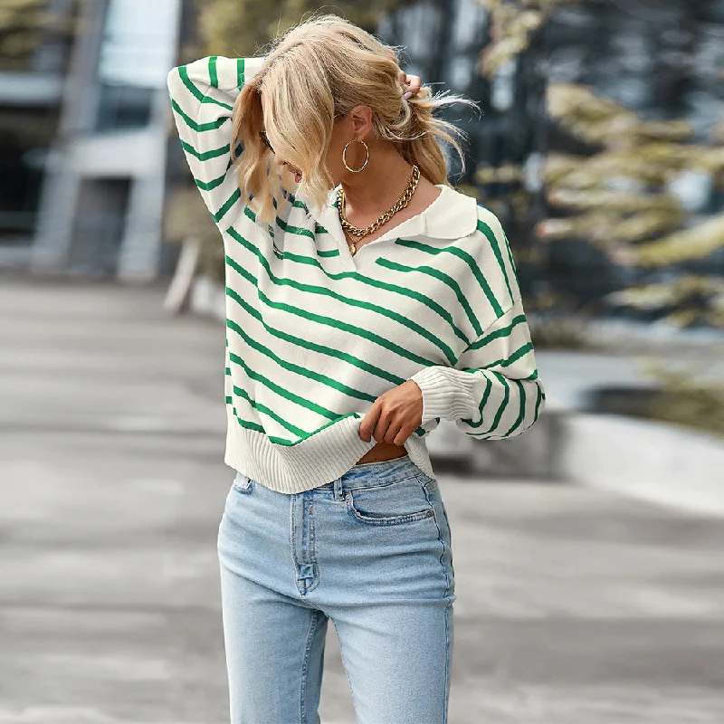 Casual Long Sleeve V-Neck Striped Sweater Wholesale Womens Tops Contemporary 