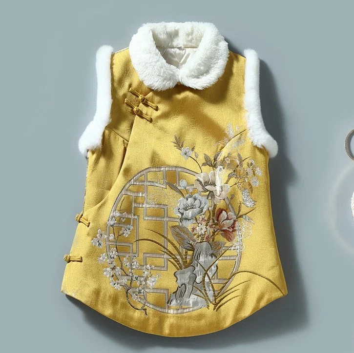 Floral Embroidery Brocade Fur Collar & Cuff Chinese Style Thick Waistcoat Vest Youthful Women's Pop