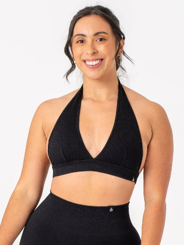 Rib Seamless Halter Sports Bra - Black Sleek Women's Metallic