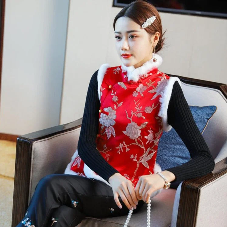 Floral Brocade Fur Edge Cheongsam Top Chinese Wadded Waistcoat Vest Hip Women's Retro Floral Brocade Fur Edge Cheongsam Top Chinese Wadded Waistcoat Vest Hip Women's Retro