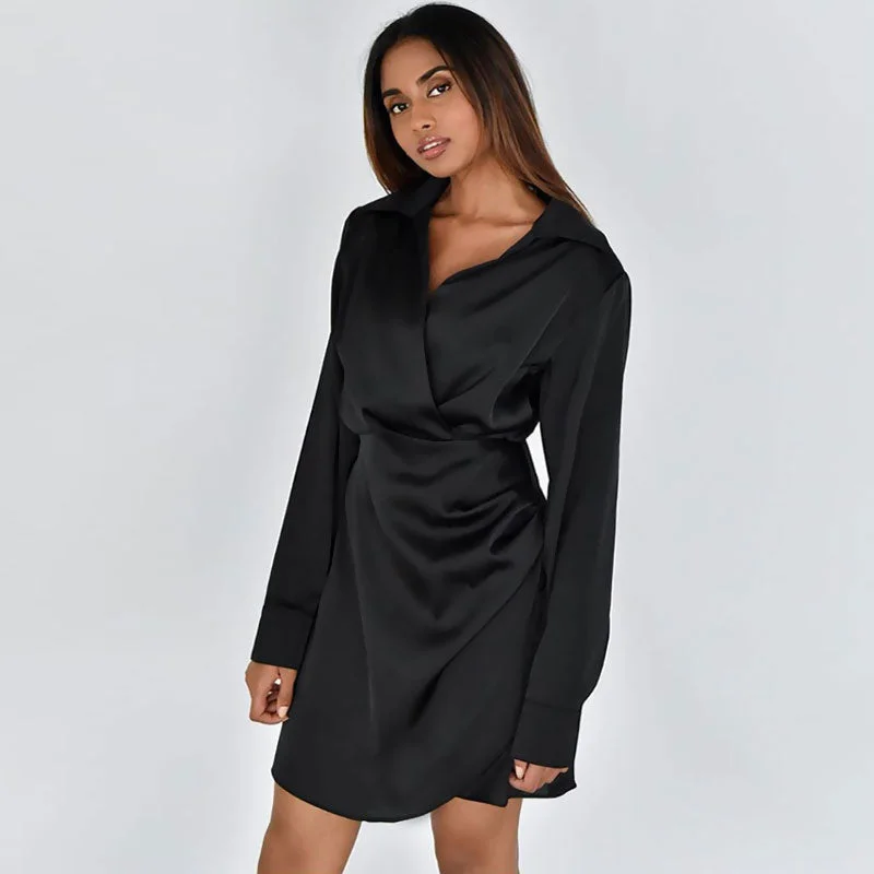 BerryBetty - V Neck Long Sleeve Shirt Mini Dress - Black Stylish Women's Tropical 
