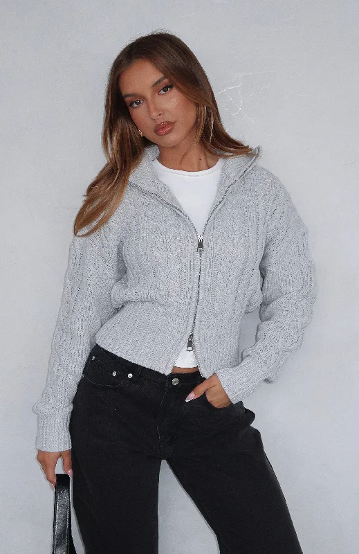 All At Once Zip Front Knit Sweater Grey Marle Cozy Women's Sherpa - lined