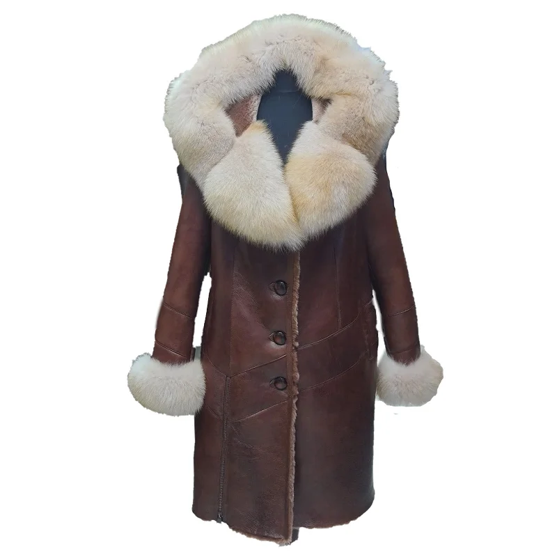 Burnett Brown Shearling coat with large fox fur hoodie and trim Stylish Women's Tropical 