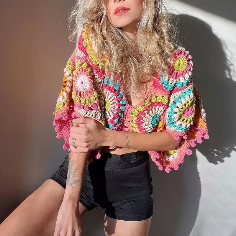 Colourful Crochet Cropped V Neck Top Artistic Women's Hand - painted