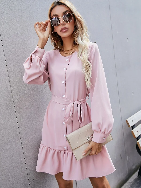 Plain Button Front Long Sleeve Round Neck Flounce High Waist Short Dress