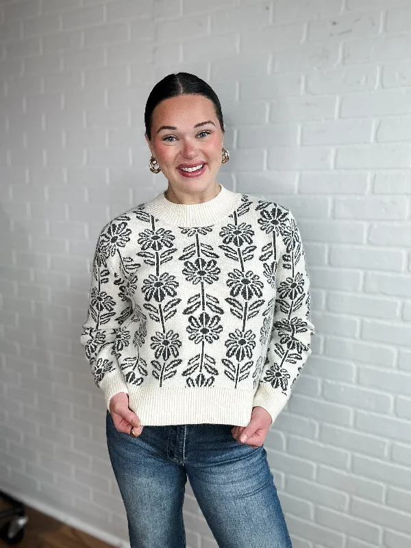 Charcoal Flower Knit Sweater- Final Sale Laid - back Women's Style