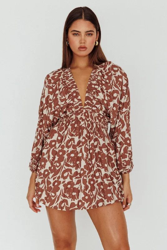 Going Your Way Long Sleeve Mini Dress Floral Brown Artistic Women's Avant - 