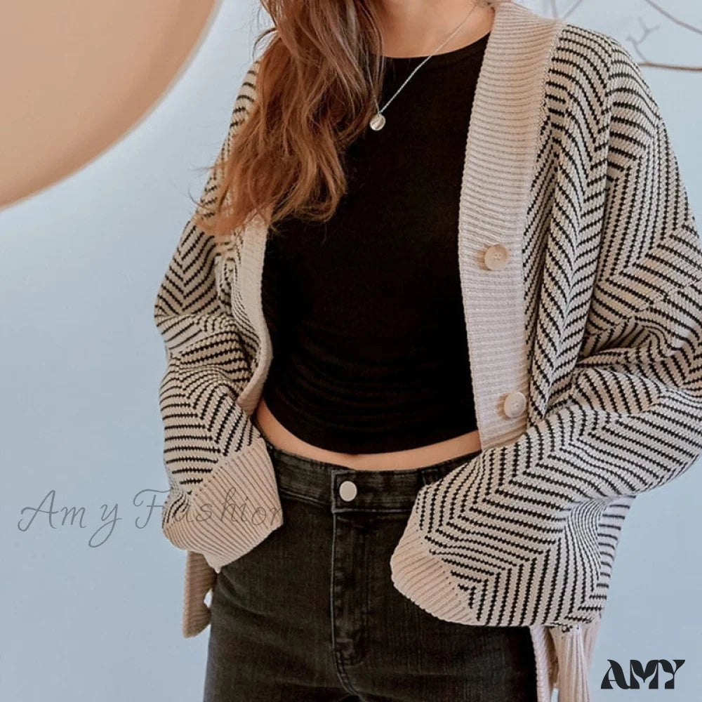 Amy Fashion - Casual Knitted Cardigan Oversize Button Front Contrast Stripe Cardigan Cozy Women's Winter Amy Fashion - Casual Knitted Cardigan Oversize Button Front Contrast Stripe Cardigan Cozy Women's Winter