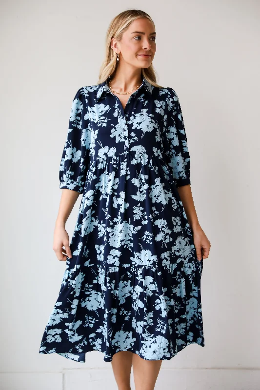 FINAL SALE - My Love Story Navy Floral Midi Dress Contemporary 