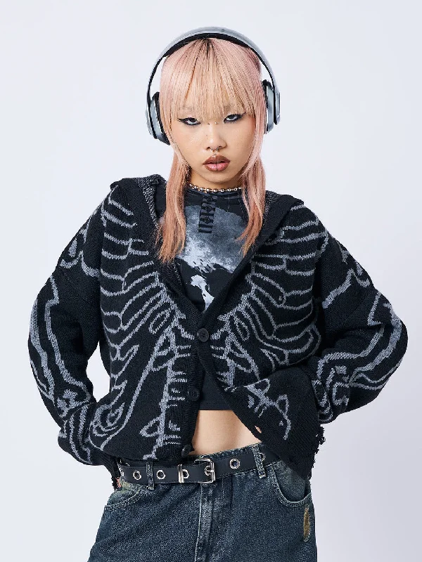 X-Ray Jacquard Black Hooded Knit Cardigan Bold Women's Animal Print
