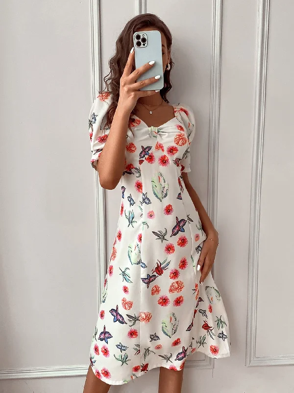 Floral Short Sleeve Sweetheart Flared High Waist Midi Dress