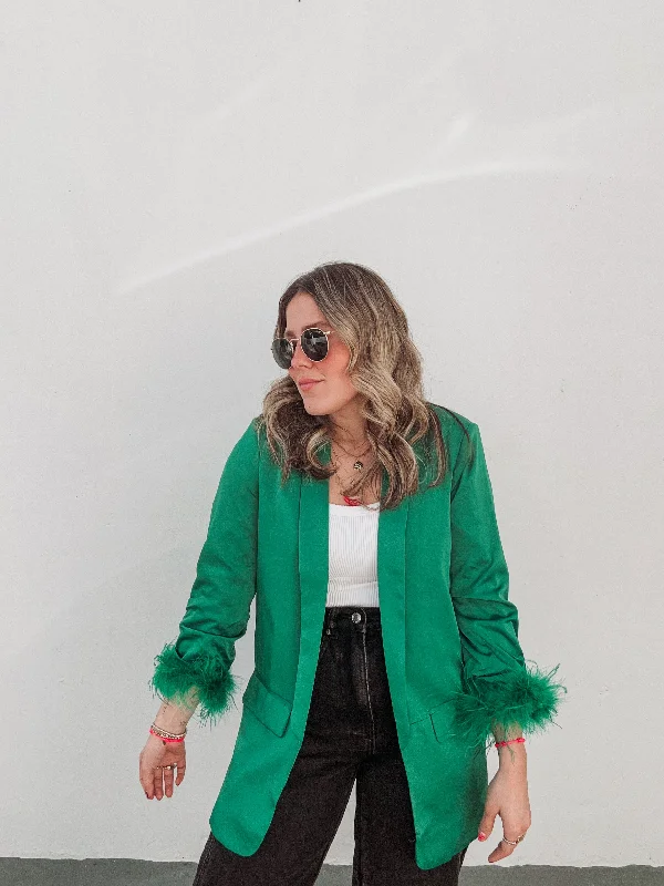 Emerald Green Feathers Blazer Youthful Women's Anime - inspired