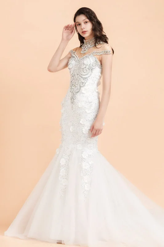 High Neck Appliques Crystal Beads Tulle Mermaid Wedding Dress Stylish Women's Tropical 