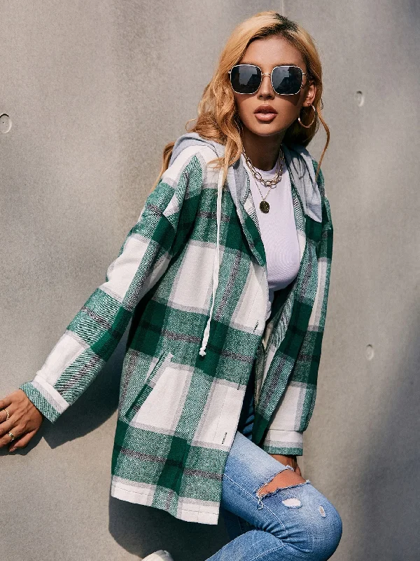 Plaid Drawstring Long Sleeve Hooded Short Women Overcoat Modern Women's Tech