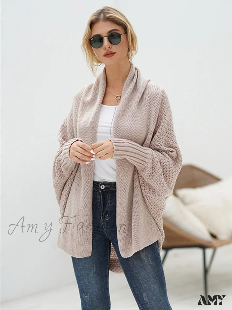 Amy Fashion - Solid Batwing Sleeve Loose-fitting Long Knitted Cardigan Sweater British Gentlewoman Style