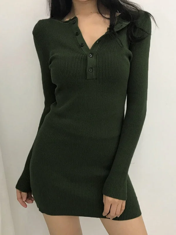 BerryBetty - Button Front Ribbed Knit Long Sleeve Mini Dress Cozy Women's Sherpa - lined BerryBetty - Button Front Ribbed Knit Long Sleeve Mini Dress Cozy Women's Sherpa - lined