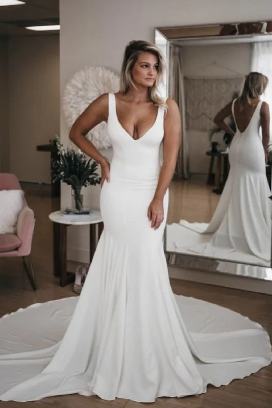 Simple V Neck Mermaid with Long Train Sexy Backless Beach Wedding Dress