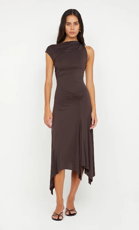 NARA ASYM MIDI DRESS - DARK CHOCOLATE Sophisticated Women's 