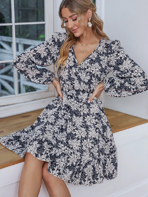 All Over Print Ruffle Hem Long Sleeve V Neck Flounce High Waist Short Dress Relaxed Women's 