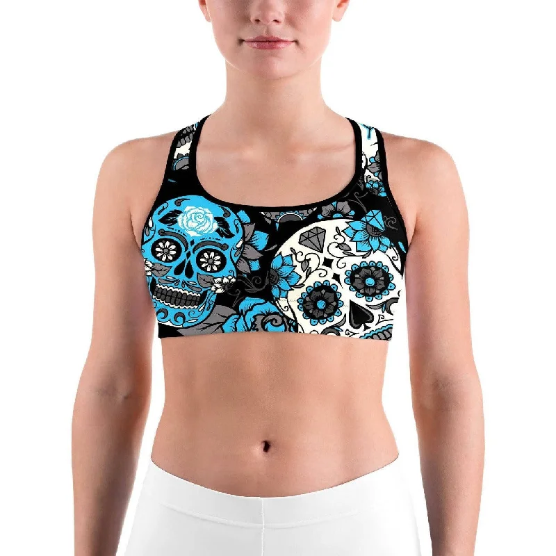 Sky Blue Sugar Skull Sports Bra Sustainable Organic