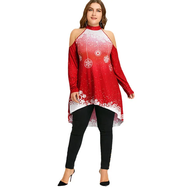 ANALUKE Christmas Cold Shoulder Long Sleeve T-Shirt Modern Women's 