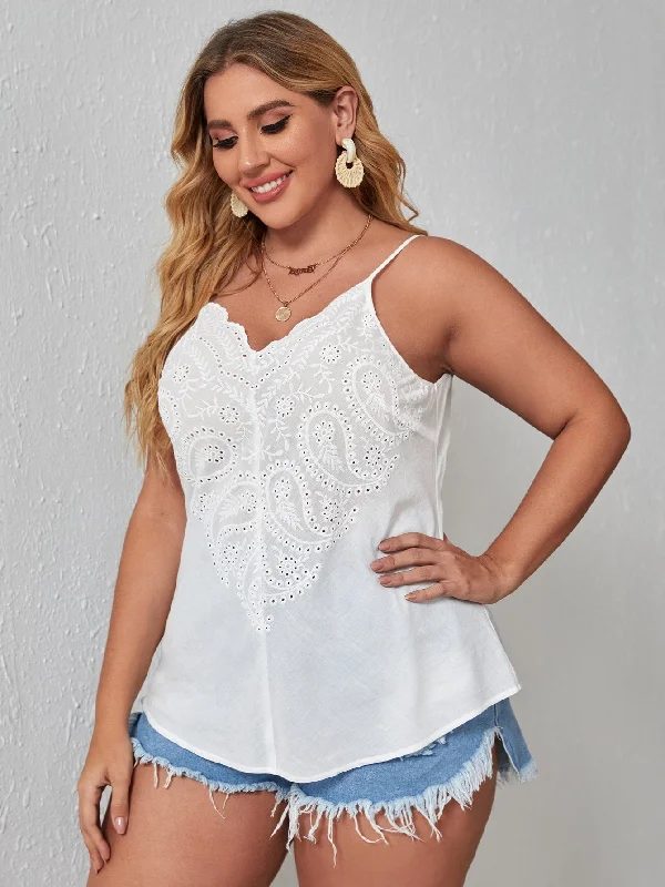 Plain Eyelet Embroidery Spaghetti Strap Semi-Sheer Regular Plus Size Tank Top & Cami Casual Women's Loose - fitting