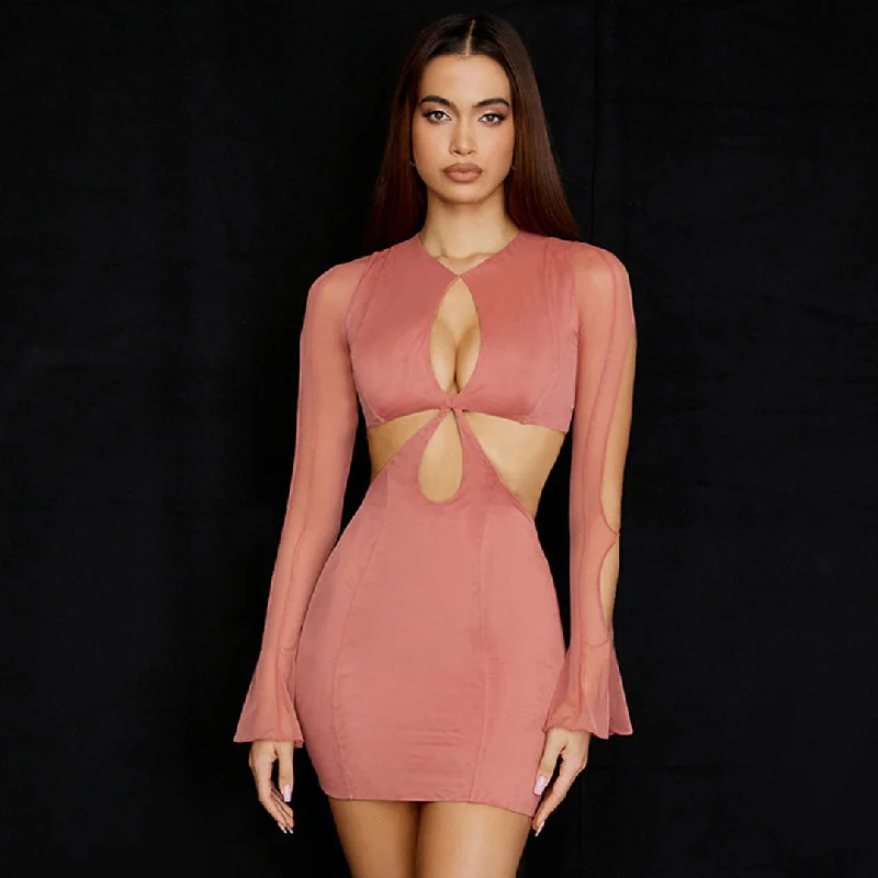 BerryBetty - Round Neck Long Sleeve Cut Out Bodycon Mini Dress - Coral Pink Practical Women's Multi - 