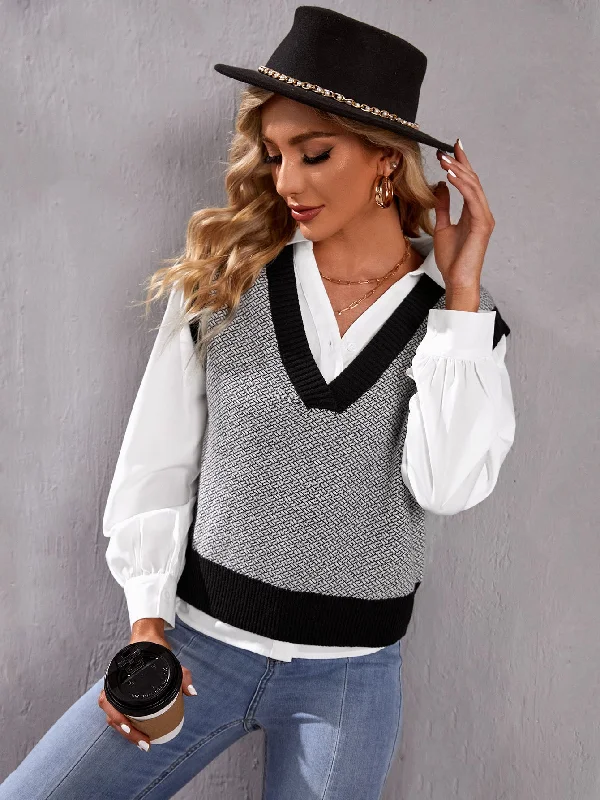 Casual Colorblock Sleeveless V Neck Regular Women Knit Top