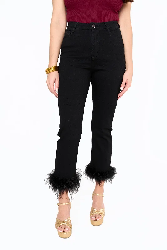 Kyla Feather Trim Pants - Black Bold Women's Animal Print