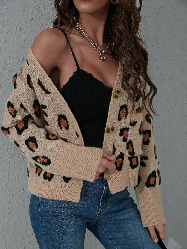 Casual Leopard Button Front Long Sleeve V Neck Regular Women Cardigan