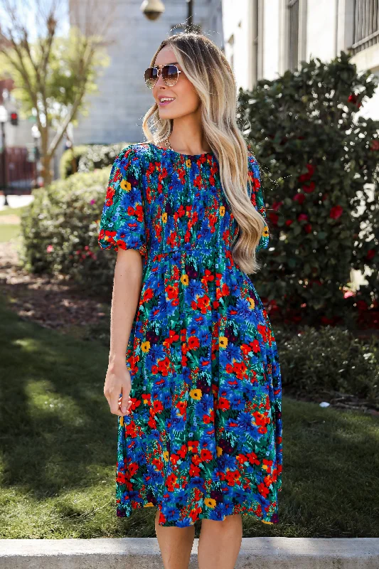 Beautiful Presence Blue Floral Midi Dress Compression