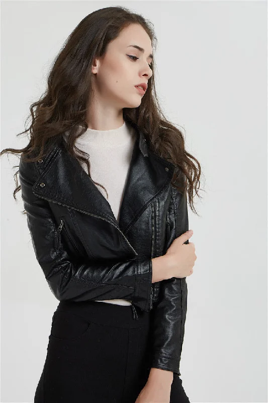 Fashion Women's Short Jacket With Washed Leather And Rivets Monochromatic Office Style