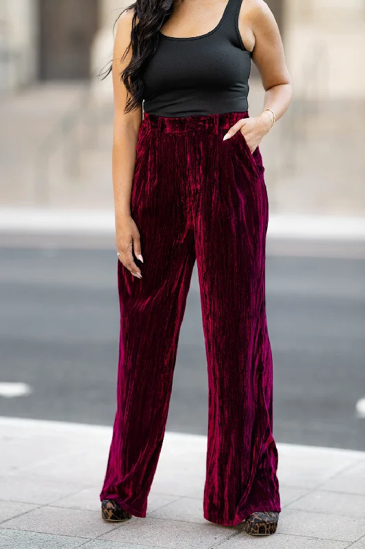 Sondra High-Waisted Velvet Pants - Cabernet Cozy Women's Winter