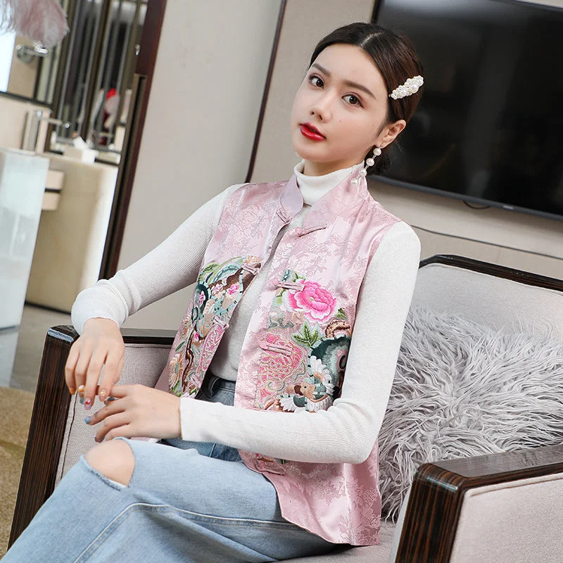 Floral Embroidery & Sequins Chinese Style Waistcoat Vest Trendy Women's 