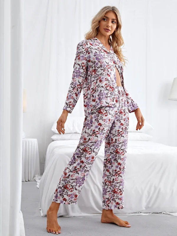 Casual All Over Print Button Front Long Sleeve Lapel Women Pajama Sets