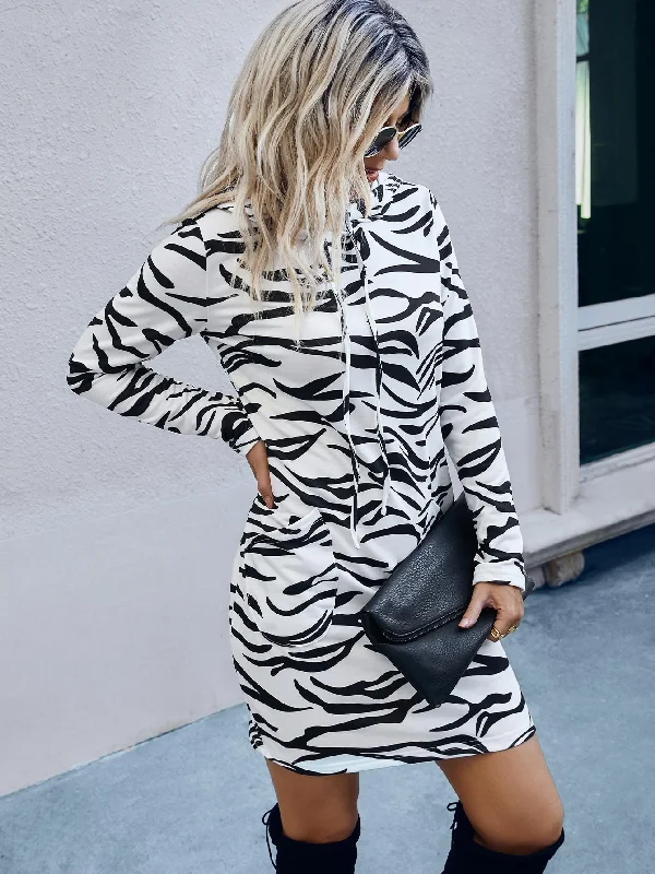 Casual Zebra Stripe Pocket Long Sleeve Hooded Long Women Sweatshirt Streetwear Style for Casual Zebra Stripe Pocket Long Sleeve Hooded Long Women Sweatshirt Streetwear Style for