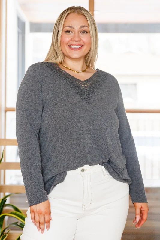Lacey Long Sleeve V Neck In Gray Hip Women's Retro