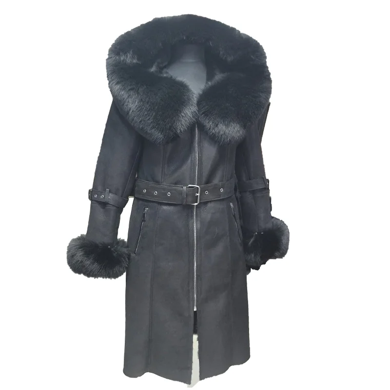 Allis Black Belted Shearling coat with large fox fur hoodie Trendy Women's 