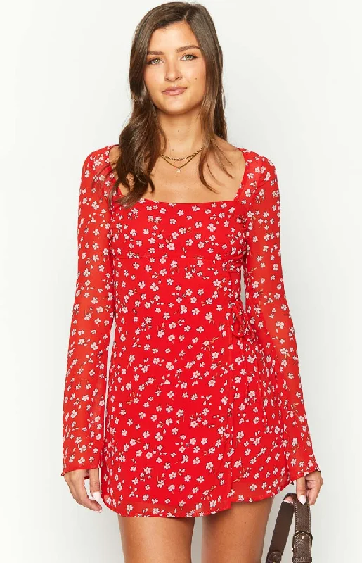 Goldie Red Floral Long Sleeve Mini Dress