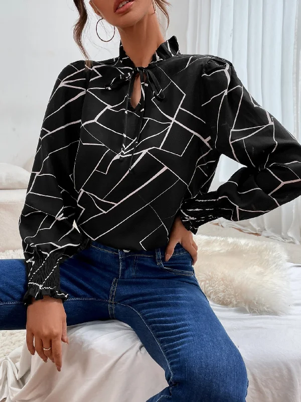 Casual Geometric Shirred Long Sleeve Tie Neck Regular Blouse Bohemian Women's Free