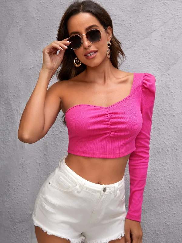 Sexy Plain Ruched Long Sleeve One Shoulder Crop Women Top Sophisticated Women's 