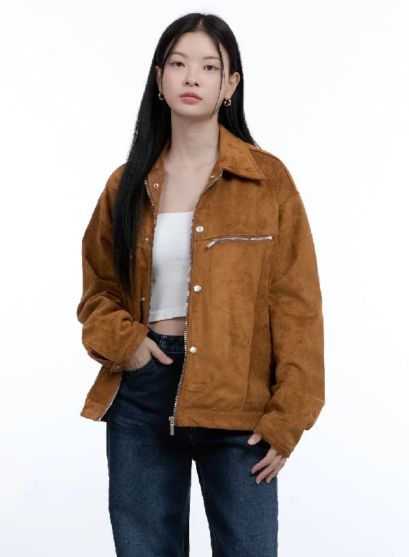 Suede Collar Zip-Up Jacket OO429 Rugged Women's Outdoor 