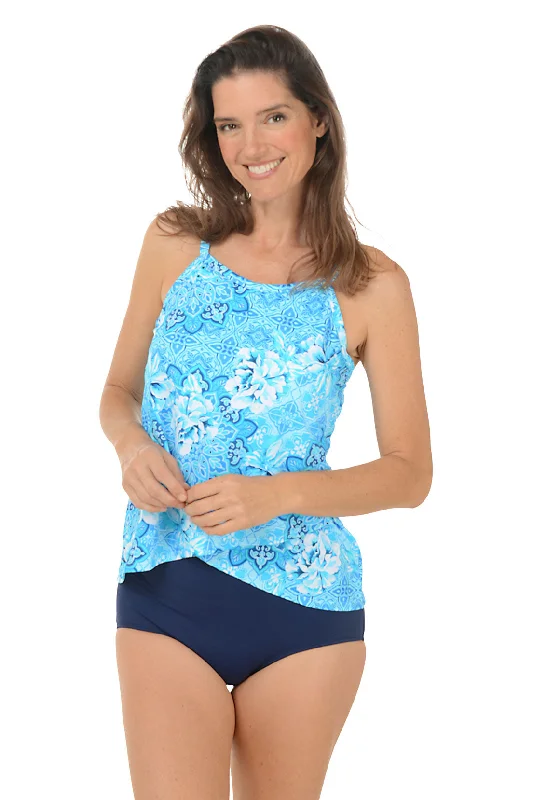 Barcelona Blues High Neck Tankini Top Geometric