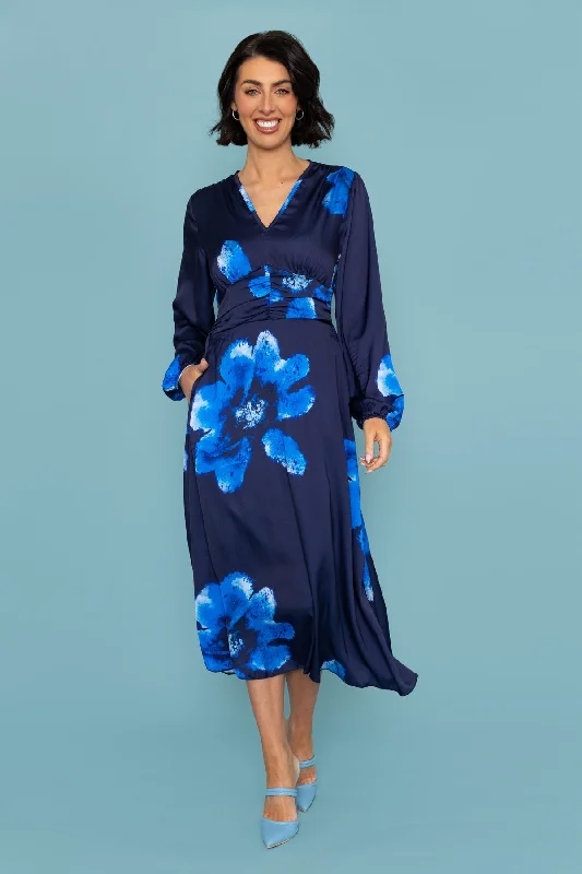 Long Sleeve Navy Print Alina Midi Dress