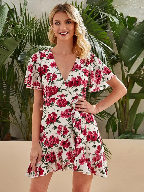 All Over Print Belted Short Sleeve V Neck Wrap High Waist Short Dress