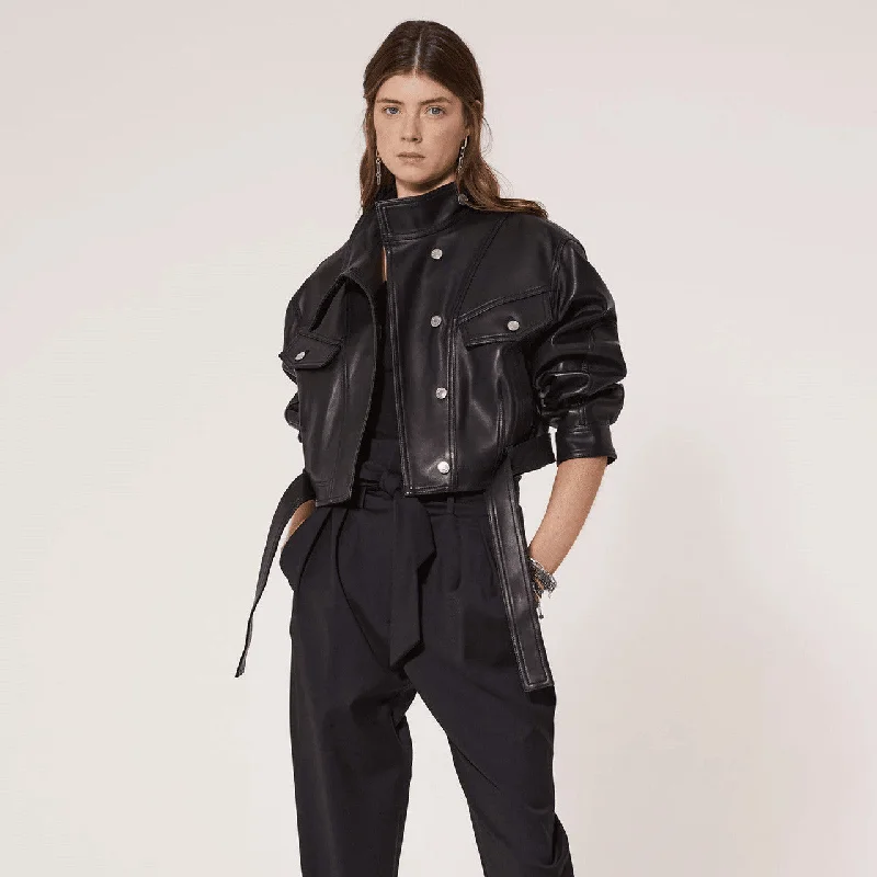 Soft Waxy Wool Kid Leather Belted Denim Jacket Refined Women's 